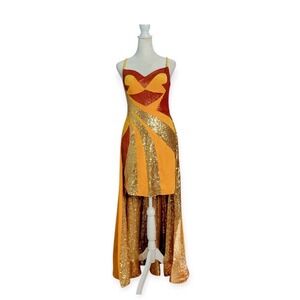 Gail McInnis Show Choir Gold Red Maxi Gown Dress Broadway Costume Small Sparkly